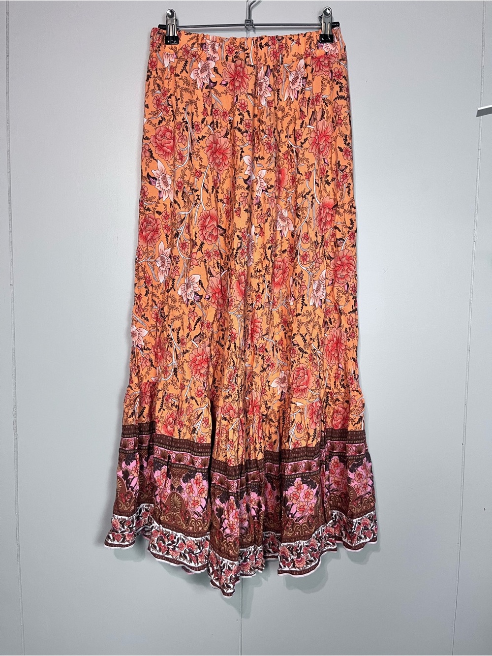 SHEIN Boho Floral Maxi Skirt Women’s Small Orange Pink Tiered Elastic Waist